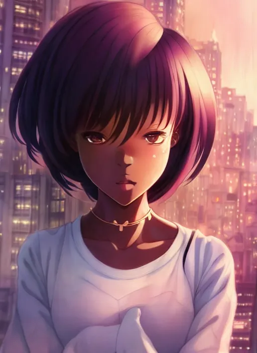 Prompt: beautiful city black woman only, anime style only, shy personality, scenery wallpaper aesthetic, pastel colors only, symmetrical face, cinematic, dramatic, super detailed and intricate, hyper realistic, 4 k render, by artgerm, by kyoung hwan kim, by ralph mcquarrie, by yoshiyuki tomino