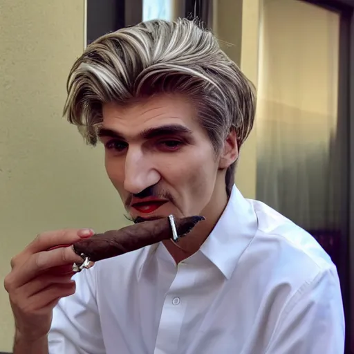 Image similar to a closeup photo of handsome gigachad xqc smoking a cigar