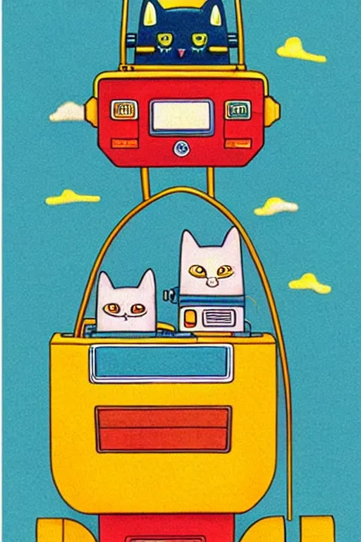 Image similar to ( ( ( ( ( ( ( a robot cat riding a cyber wagon ) ) ) ) ) ) ) by richard scarry!!!!!!!!!!!!!! muted colors, detailed