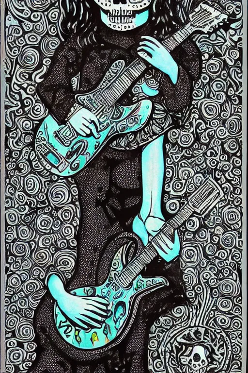 Image similar to realistic detailed psychedelic poster art of a cute Día de los Muertos girl playing electric guitar by Victor Moscoso Rick Griffin Art Noveau, masterpiece