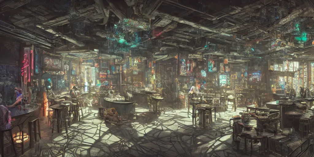 Image similar to Highly detailed realistic Digital concept interior design in style of Hiromasa Ogura and Josan Gonzalez of cyberpunk tavern with stone walls and neon lights, a lot of electronics, many details. Natural white sunlight from the transperient roof. Panorama on 360 degrees Rendered in 32K in VRAY and DaVinci Resolve and MAXWELL and LUMION 3D, Volumetric natural light