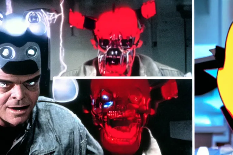 Prompt: Jack Nicholson plays Pikachu Terminator, Terminator's endoskeleton gets exposed and his eye glows red