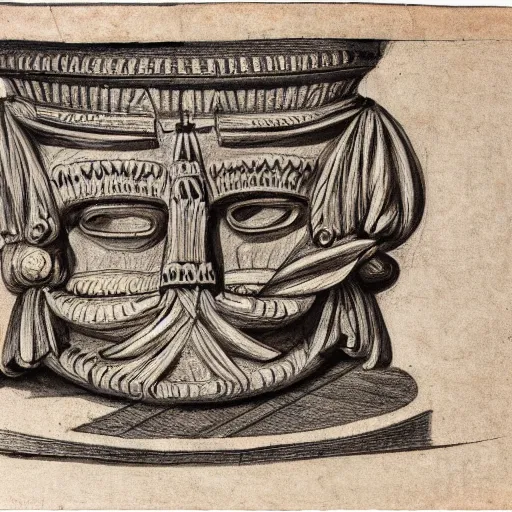 Image similar to an ethnographic object from an unknown indigenous tribe, in the style of corinthian capital by giocondo albertolli ( italian 1 7 4 2 - 1 8 3 9 ). medium : pen and brown ink, brush and gray wash on laid paper