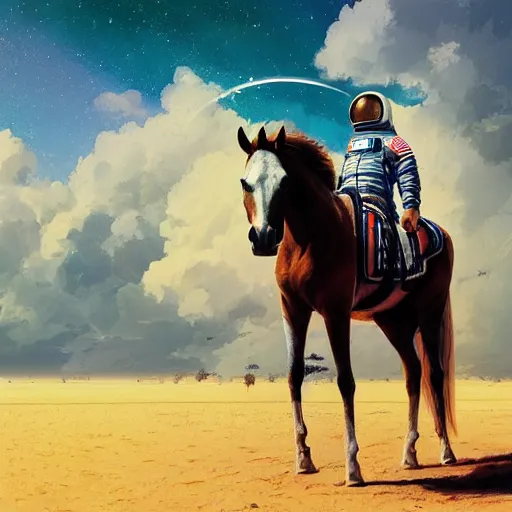 Image similar to a horse on top a man, a horse carried by a astronaut, hyperrealism, no blur, 4 k resolution, ultra detailed, style of ron cobb, adolf hiremy - hirschl, syd mead, ismail inceoglu, rene margitte