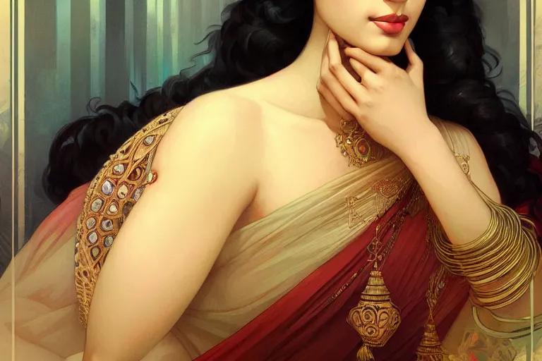 Image similar to sensual pale beautiful bengali girl, art deco portrait, elegant, intricate, digital painting, artstation, concept art, smooth, sharp focus, illustration, art by artgerm and greg rutkowski and alphonse mucha