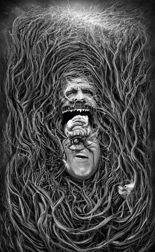 Image similar to lovecraftian jay leno breaking free from this dimension by wayne barlow, stanley donwood, anton semenov, zdzislaw bekinski, hr giger, 8 k, fantasy, dark, highly detailed