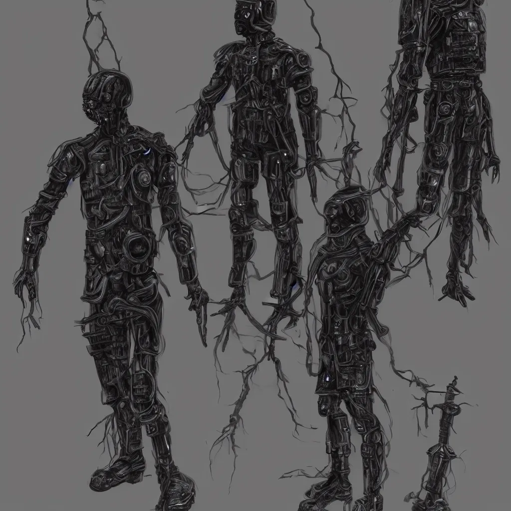 Image similar to full-body dark creepy cybergoth realistic diagram drawing central composition a decapitated soldier with futuristic elements. he welcomes you with no head, dark dimension, empty helmet inside is occult mystical symbolism headless full-length view. standing on ancient altar eldritch energies disturbing frightening terrifying darkness, hyper realism, 8k, sharpened depth of field, 3D