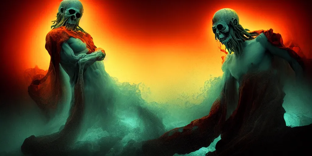 Prompt: Charon the ferryman of Hades, by Alberto Seveso, dramatic lighting, high contrast colors, panoramic view, as trending on Artstation,