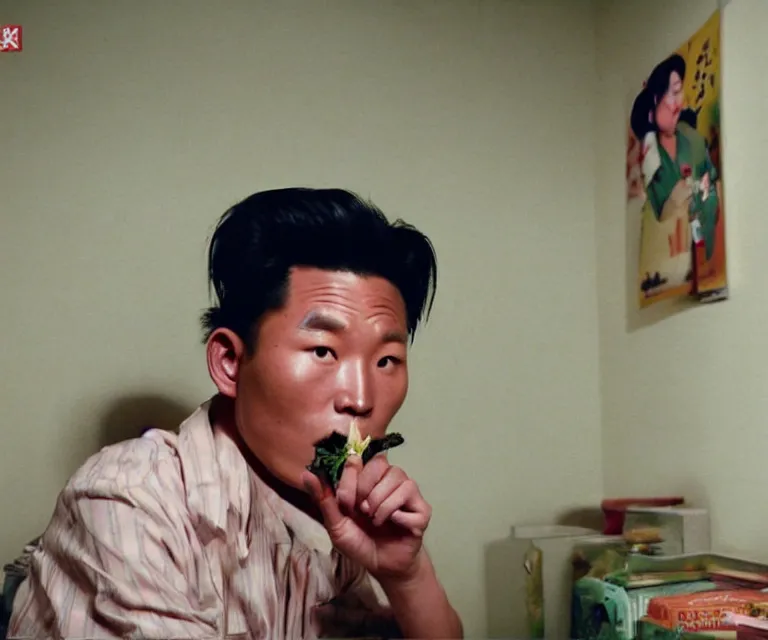 Image similar to hyperralism pineapple express movie still photography of real detailed north korean kim chen with detailed face smoking weed in basement bedroom photography by araki nobuyoshi