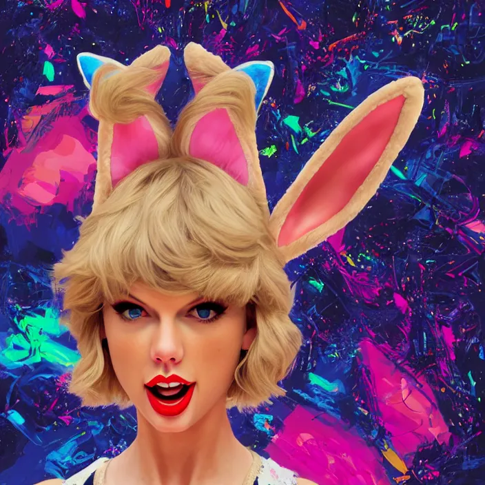 Image similar to portrait of Taylor Swift as Lola Bunny in Space Jam 1996. bunny ears. intricate abstract. intricate artwork. by Tooth Wu, wlop, beeple, dan mumford. octane render, trending on artstation, greg rutkowski very coherent symmetrical artwork. cinematic, hyper realism, high detail, octane render, 8k, iridescent accents