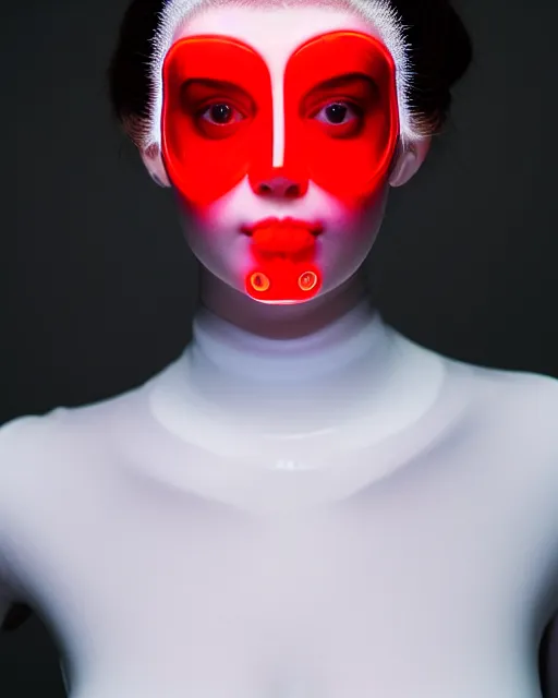 Image similar to symmetrical portrait of a woman wearing a white embroidered translucent silicone mask and white frizzy hair buns, wearing a silicone white bodysuit, red background, soft diffused light, biotechnology, futuristic aesthetic, translucent, ethereal, intricate details, highly detailed, masterpiece,