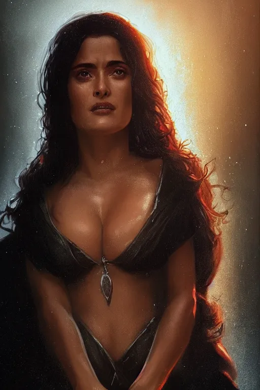 Image similar to portrait, Salma Hayek as a sorceress, dramatic lighting, cinematic, establishing shot, high detail, photo realistic, cinematic lighting, post processed, concept art, artstation, matte painting, style by eddie mendoza, raphael lacoste, alex ross