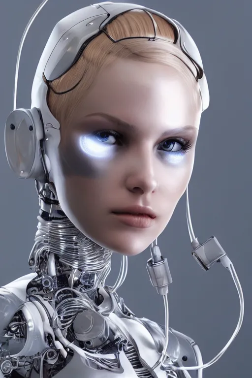 Image similar to a beautiful woman with blonde hair wearing robot suit with wires and light, highly detailed, photorealistic, artstation, smooth