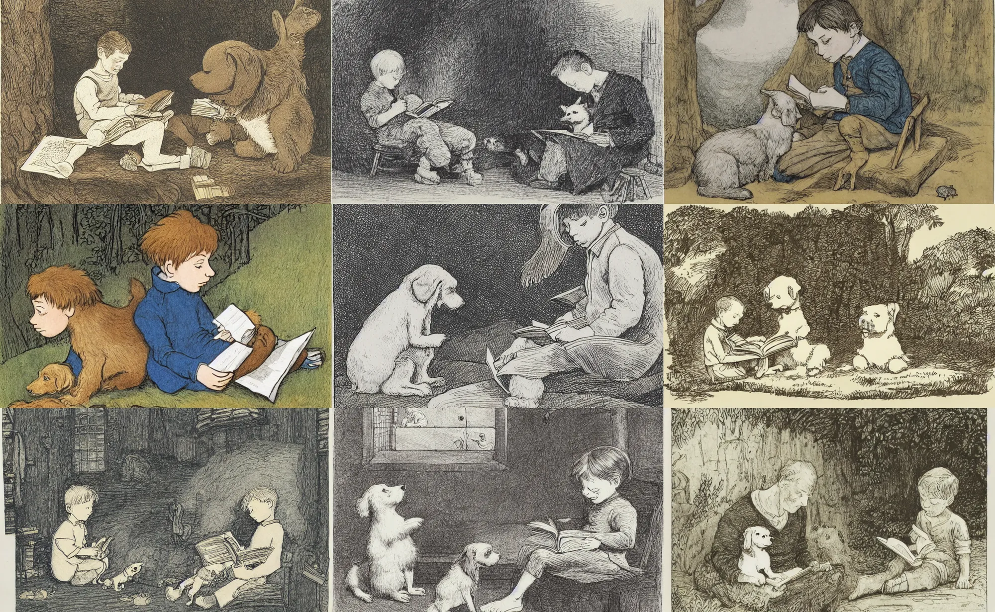 Prompt: illustration : boy with dog reading a book. maurice sendak, beatrix potter, clement hurd, e. h. beatrice blue, julia sarda, pauline baynes. highly detailed 8 k. intricate.