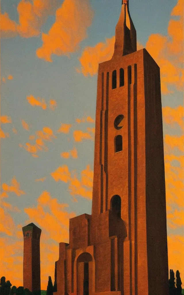 Image similar to a painting of Coughlin Campanile in Brookings South Dakota, golden hour, an art deco painting by Grant Wood, featured on behance, american scene painting, movie poster, poster art, concert poster