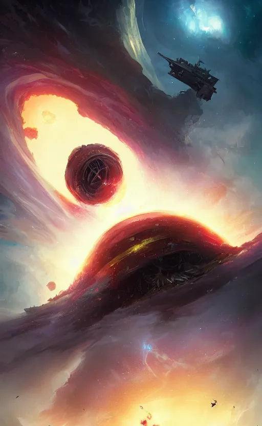 Prompt: a beautiful illustration of a black hole devouring a pirate ship in a galactic nebula, art of greg rutkowski and magali villeneuve and artgerm, featured on artstation, vertical orientation