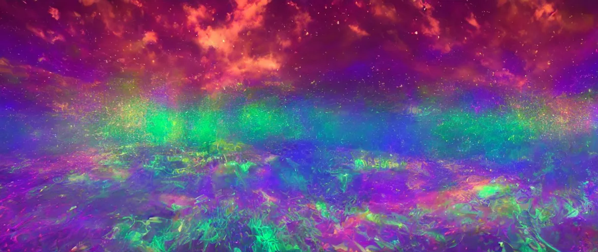 Prompt: dream landscape, simulation, glitch art, flocking particles, volumetric object, physical particles, translucence, cinematic lighting, iridescence, by ash thorpe