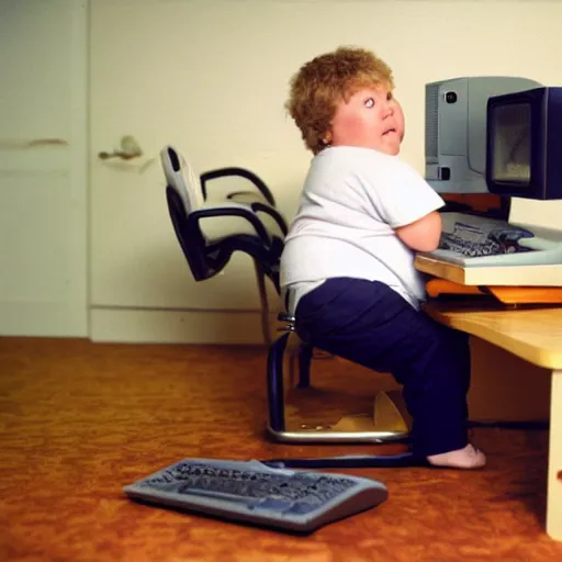 Prompt: A fat kid playing on a 1999 computer