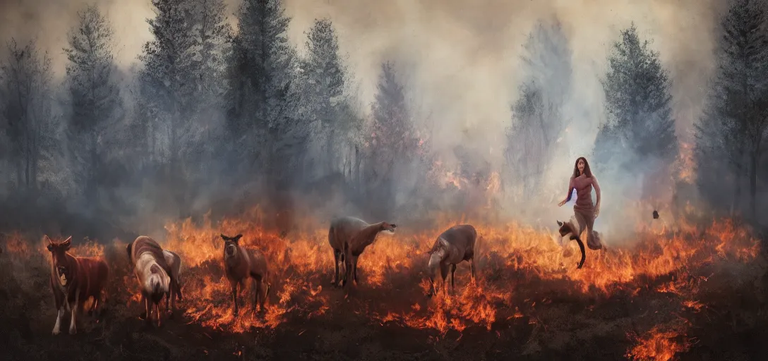 Prompt: full portrait of a young woman and farm animals running from a forest fire, smoke, flames, dark, gloomy, horror, screaming, a small farm is burning in the distance, insanely detailed, photorealistic, cinematic, dramatic lighting,