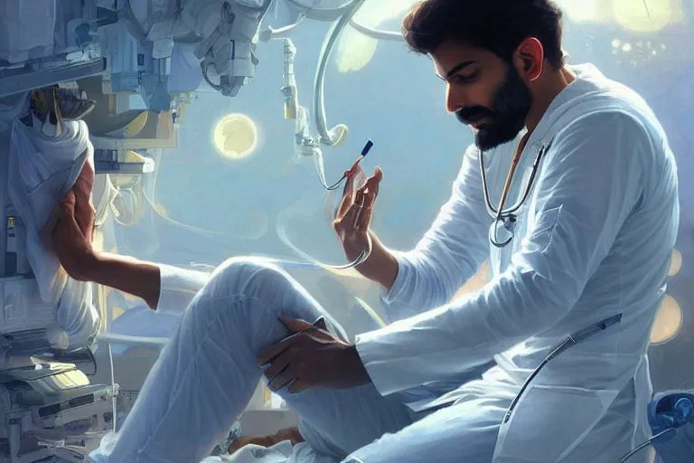 Image similar to Sensual good looking pale young Indian doctors wearing jeans asleep in a space station above Earth performing surgery, portrait, elegant, intricate, digital painting, artstation, concept art, smooth, sharp focus, illustration, art by artgerm and greg rutkowski and alphonse mucha