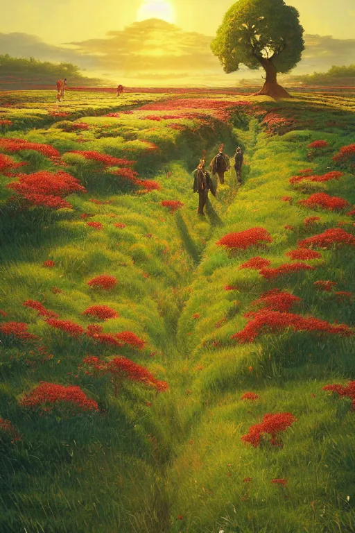 Image similar to a sour cherry field by david a hardy, noriyoshi ohrai, gary ruddell, ( greg rutkowski ), salvador dali, moebius, makoto shinkai, highly detailed, cinematic composition, trending on artstation