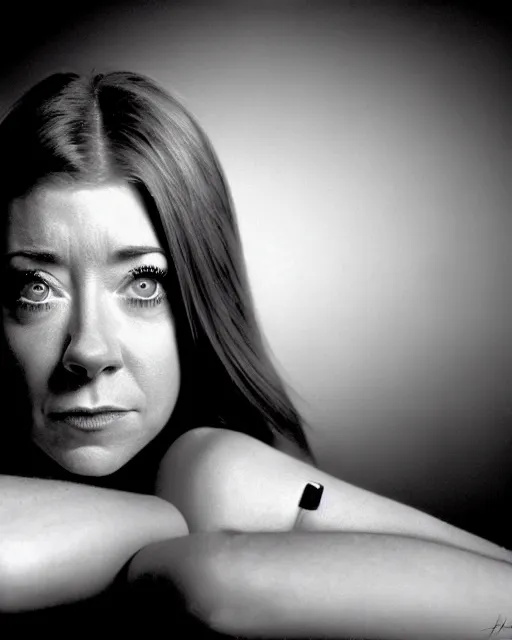 Image similar to award winning photo of Alyson Hannigan, chesterfield lounge, symmetrical face, beautiful eyes, studio lighting, wide shot art by Sally Mann & Arnold Newman