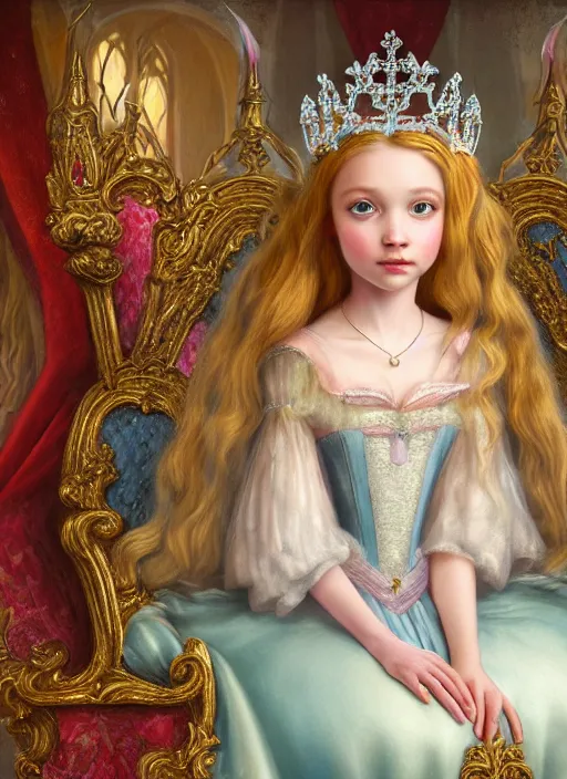 Image similar to highly detailed closeup, straight fingers, portrait of a fairytale medieval princess wearing a crown and sitting on a throne eating cakes, unreal engine, nicoletta ceccoli, mark ryden, earl norem, lostfish, global illumination, god rays, detailed and intricate environment