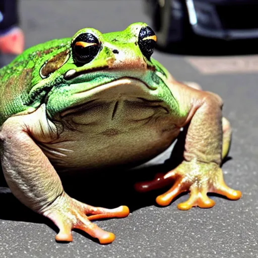 Prompt: A giant oversized fat frog with Alex Jones face