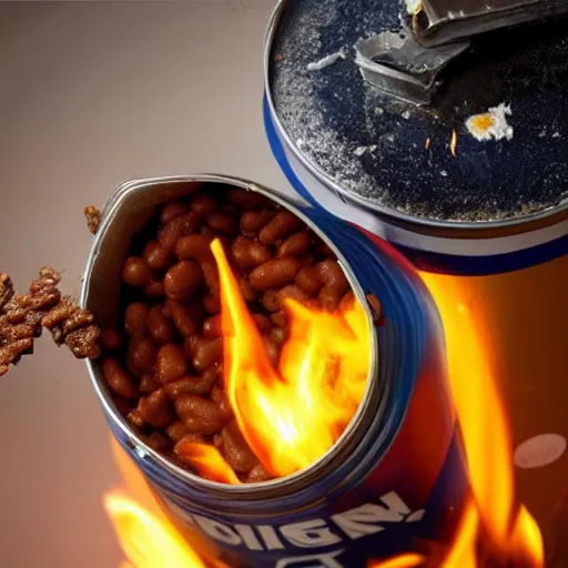 Image similar to very angry can of bush's baked beans combusts in a hellish blaze