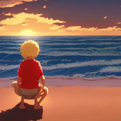 Image similar to beautiful, detailed digital painting of a dark-blond-haired child making sandcastles on the beach and looking at the sunset, anime by Makoto Shinkai, sand, waves, trending on artstation