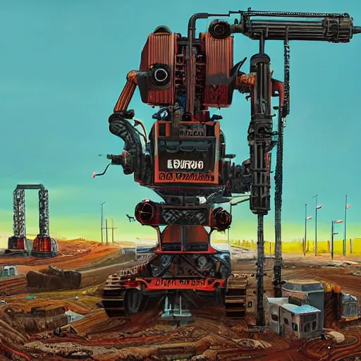 Image similar to giant scary quadrupedal mining machine with drill, four legs, highly detailed body, retro, industrial, in the style of simon stalenhag