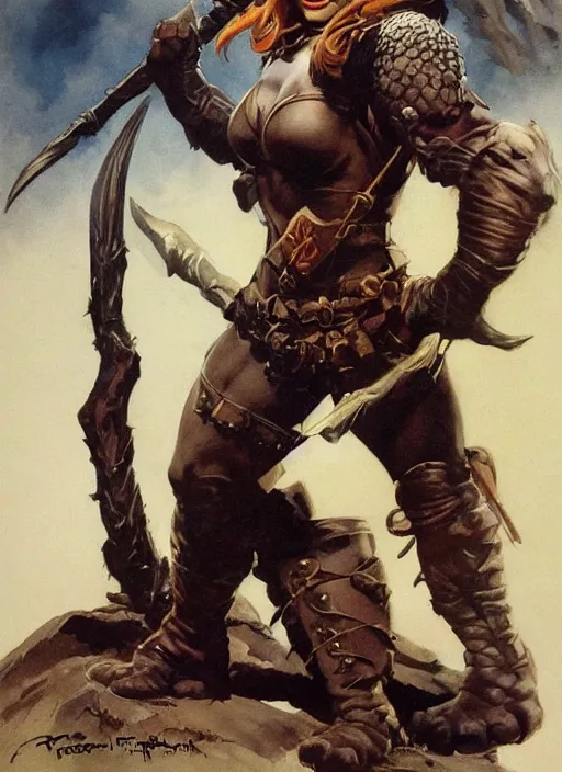 Image similar to portrait of strong female ranger, beautiful! coherent! dungeons and dragons character, by frank frazetta, by brom, strong line, deep color, leather armor, short buzzed hair, high contrast