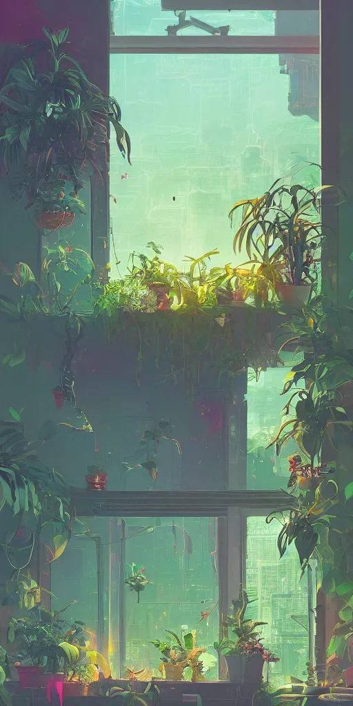 Image similar to lush solarpunk windowsill with plants on it, looking out toward a solarpunk cityscape, vignette of windowsill, detailed digital concept art by anton fadeev and marc simonetti, trending on artstation