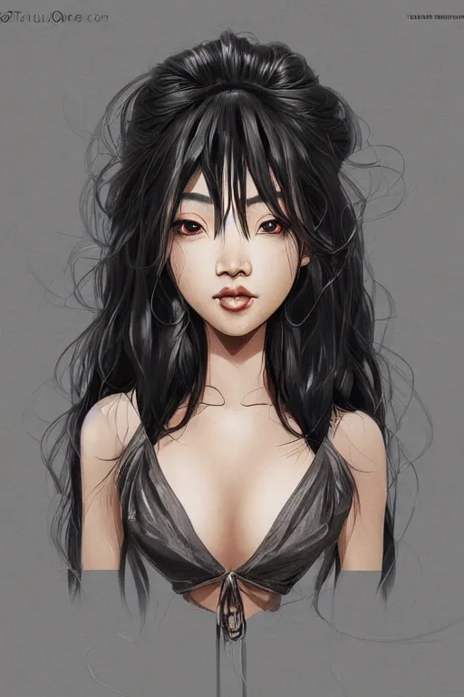 Image similar to A bust of a beautiful black skinned Japanese girl with large lips and smooth eyebrows and straight hair, HD, illustration, epic, fantasy, intricate, elegant, amazing detail, digital painting, artstation, concept art, smooth, sharp focus, illustration, art by Turine Tran