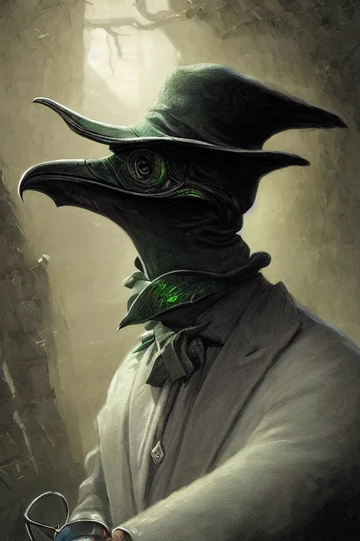 Prompt: A fancy portrait of a green plague doctor wearing a beak mask by Greg Rutkowski, Dan Mumford, Christophe Vacher, Sung Choi, Mitchell Mohrhauser, Johnson Ting, Bloodborne, 8k photorealistic, volumetric lighting, HD, high details, dramatic, dark atmosphere, trending on artstation