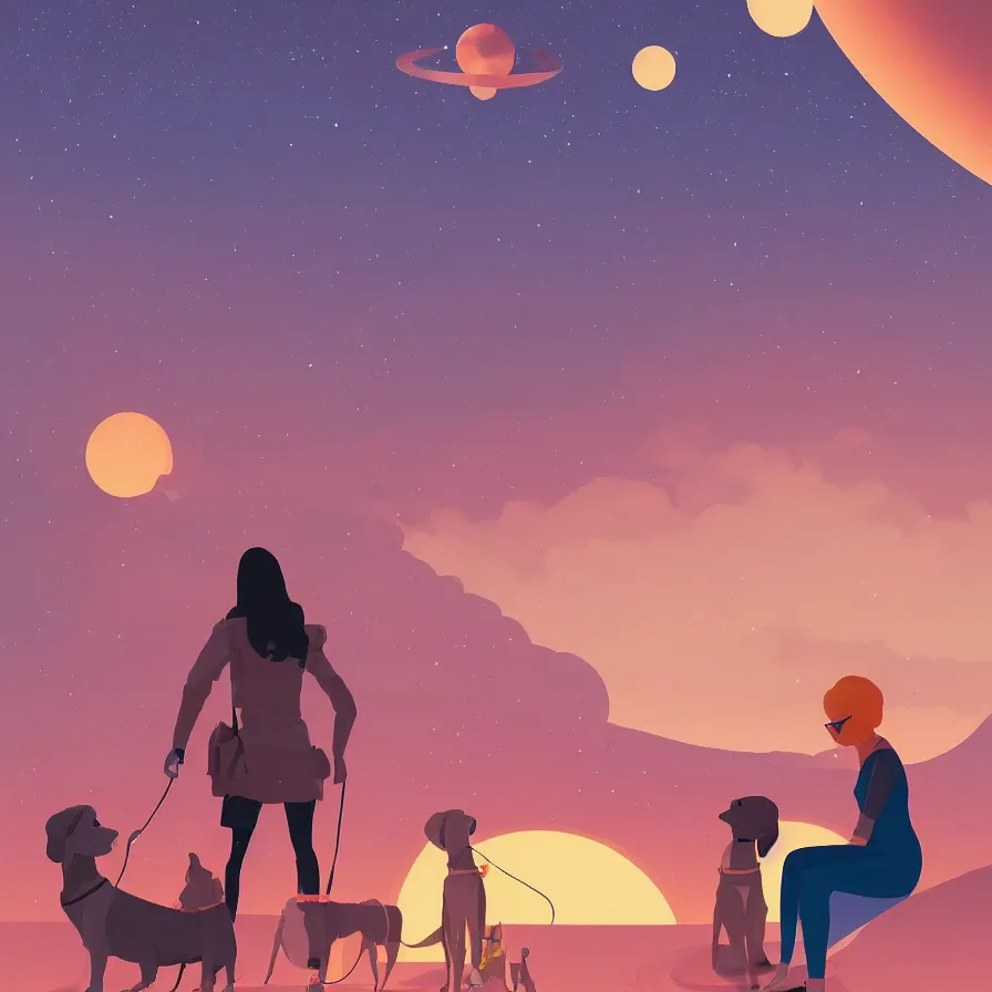 Prompt: an illustration of 2 girls wearing glasses with their 2 dogs watching the sunset, an art deco painting by james gilleard, behance contest winner, space art, concept art, matte painting, matte background