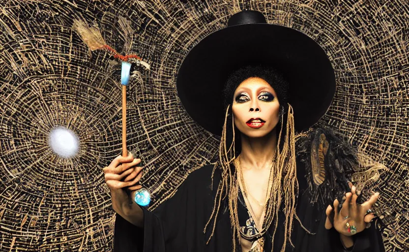 Image similar to “erykah badu as a voodoo queen wearing flowing black robes and a disco tophat holding a staff with a glowing crystal ball, by michalopoulos, by Laurie Lipton, Josip csoor, 8k resolution, realistic shadows, 3D, rendered in octane, volumetric lighting, hyper detailed, photorealistic, voodoo”