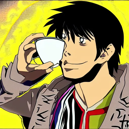 Prompt: A man drinking a cup of cosmic energy bright light by Hideaki Sorachi, 4k, digital art, surreal, anime style, cowboy Bepop, space dandy,