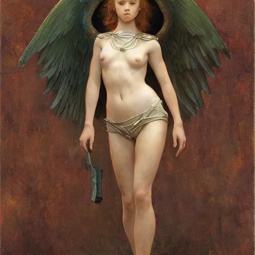 Prompt: epic masterpiece full body portrait a beautiful female angel, flawless skin, perfect body, by Edgar Maxence and Ross Tran and Michael Whelan