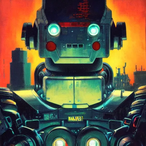 Prompt: a dark and colorful close - up of a sci - fi mecha robot with led lights glowing fog in the background. highly detailed science fiction painting by norman rockwell, frank frazetta, and syd mead. rich colors, high contrast, gloomy atmosphere, dark background. trending on artstation