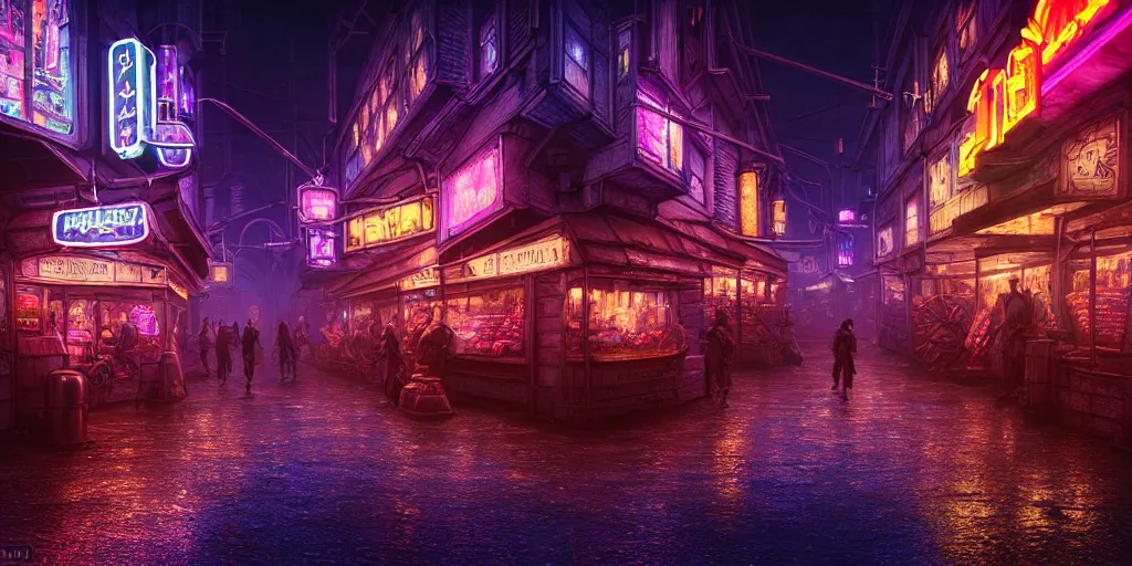 Image similar to fantasy medieval cyberpunk townscape, rain, neon signs, shops, arcade, market, nightclub, weaponsmith, blacksmith, armorer, floating vehicles, people, cinematic establishing shot, purple teal blue white pink orange color scheme, sharp focus, very realistic, photorealistic, intricately detailed, finely textured, cgsociety