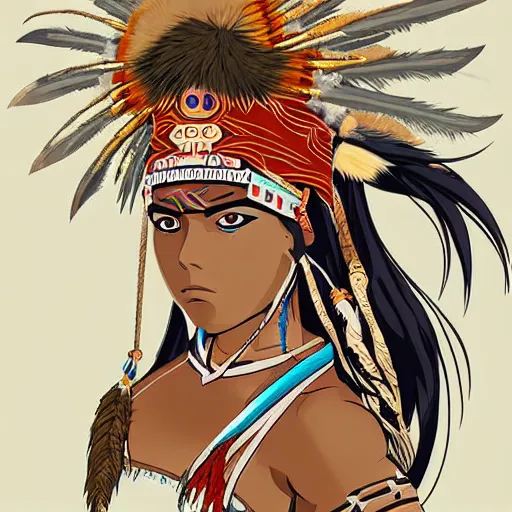 Prompt: Anime-style portrait of a fierce muscular Arikara warrior woman wearing tribal skins and a feathered headdress. She stands by a rocky cascading river. Noble bearing. Award winning Fantasy rpg character concept art by studio Ghibli and Audrey Kawasaki.