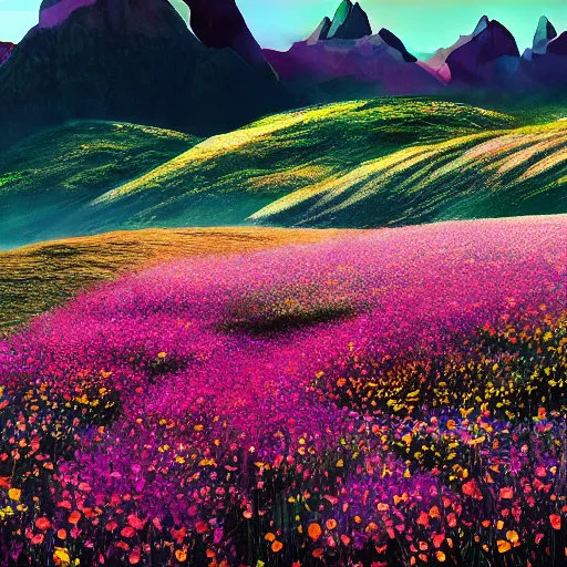 Prompt: field of flowers sun day mountains artstation unreal ingine