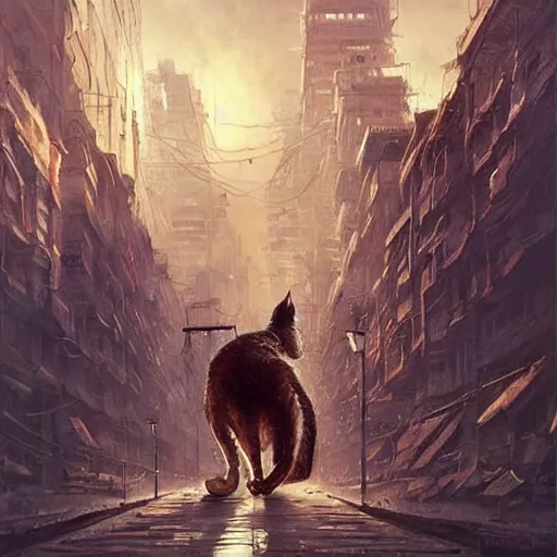 Image similar to gigantic cat walking on apocalyptic city, very detailed fine art, trend of artistation, style of greg rutkowski and kasinskii