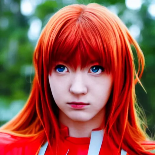 Image similar to Asuka Langley from Neon Genesis Evangelion, live action, portrait shot,