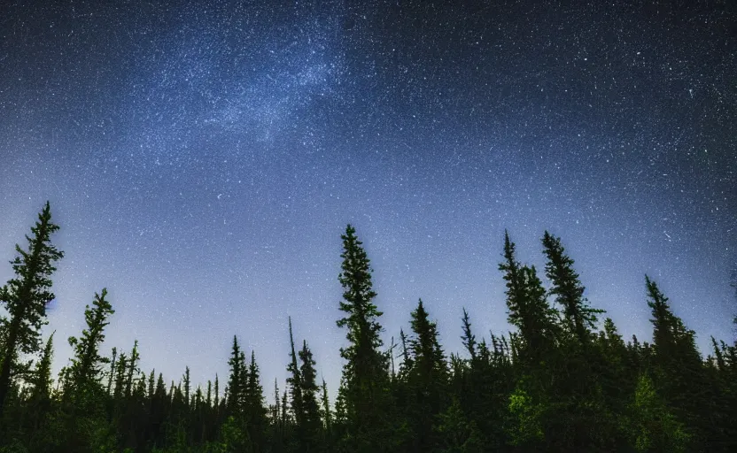 Prompt: atmospheric photo of the forest in the mountains, night sky