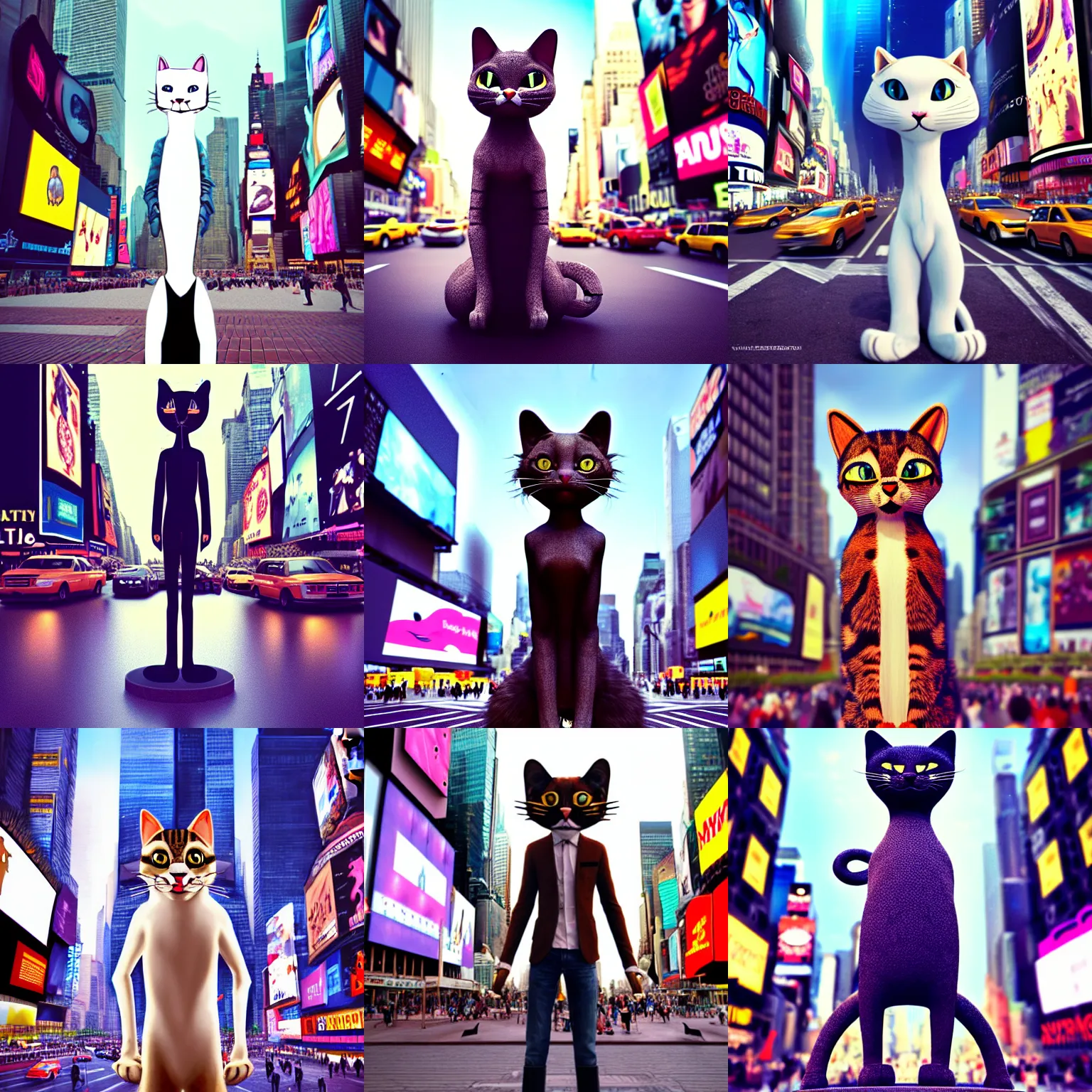 Prompt: photo of an anthropomorphic cat, standing in time square, highly realistic, hyperrealistic, hyperdetailed, anime, artstation