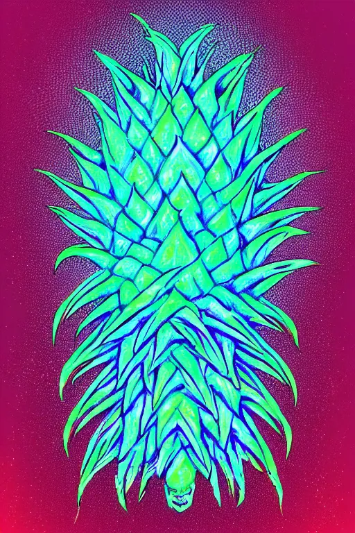 Image similar to glowing luminescent pineapple humanoid figure monster, symmetrical, highly detailed, digital art, sharp focus, trending on art station, amber eyes, autumnal colours