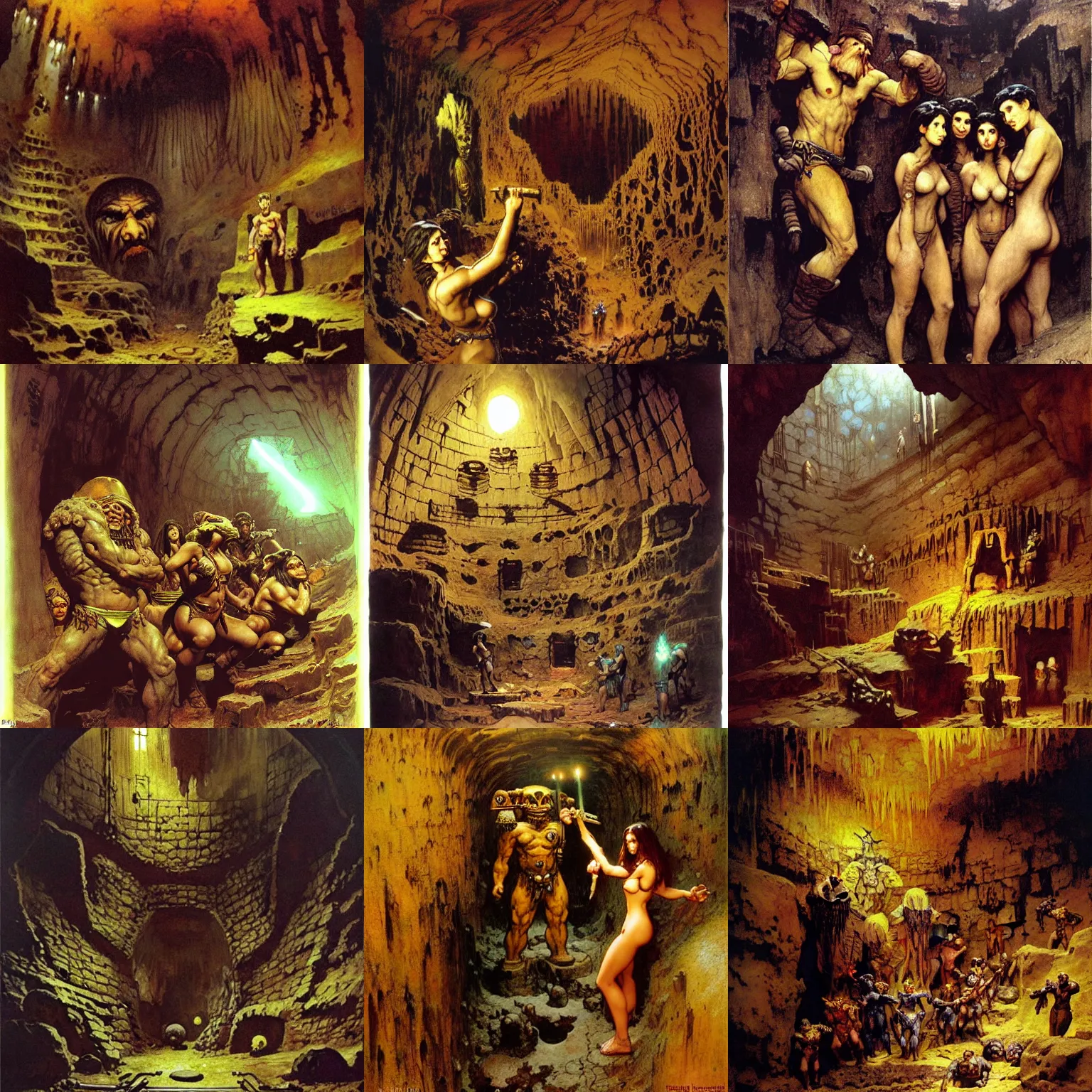 Prompt: deep inside ancient abandoned dwarven gold mine underground by frank frazetta, ken kelly, simon bisley, richard corben, william - adolphe bouguereau