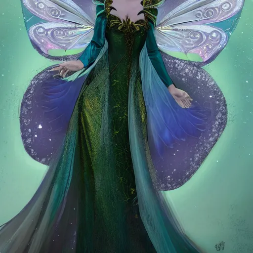 Prompt: detailed portrait of a fairy queen with wings wearing a magic silk and lace robe with a hood, crown, pixie, iris, realism, emerald, galaxy, sapphire,blonde hair going down to the floor, moonlit, dark fantasy, dramatic lighting, cgsociety, artstation